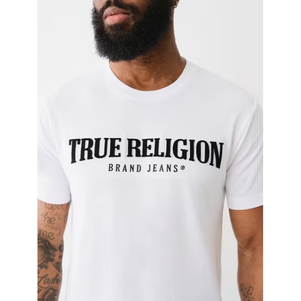 TRUE RELIGION Mens T-shirt Pile Arch Logo Short Sleeve 3D Y2K - Size S White